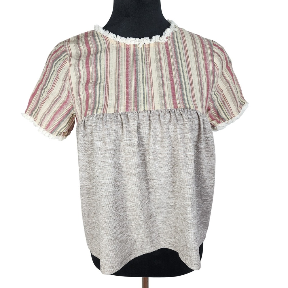 HASKINS & CO Size XS Fringe Trim Seersucker Yoke Cropped‎ Knit Short Sleeve Top